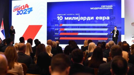 Predsednik Srbije Aleksandar Vucic predstavio je program 'Skok u buducnost - Srbija EXPO 2027' za period od 2024. do 2027. godine, danas u Palati Srbija.