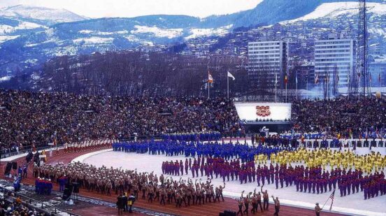 Team USA marches in at the opening ceremonies at the 1984 Olympic Winter Games, Sarajevo, Yugoslavia