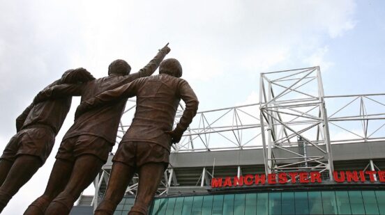 The bronze statue of the 'Busby Babes' features George Best, Dennis Law and Bobby Charlton