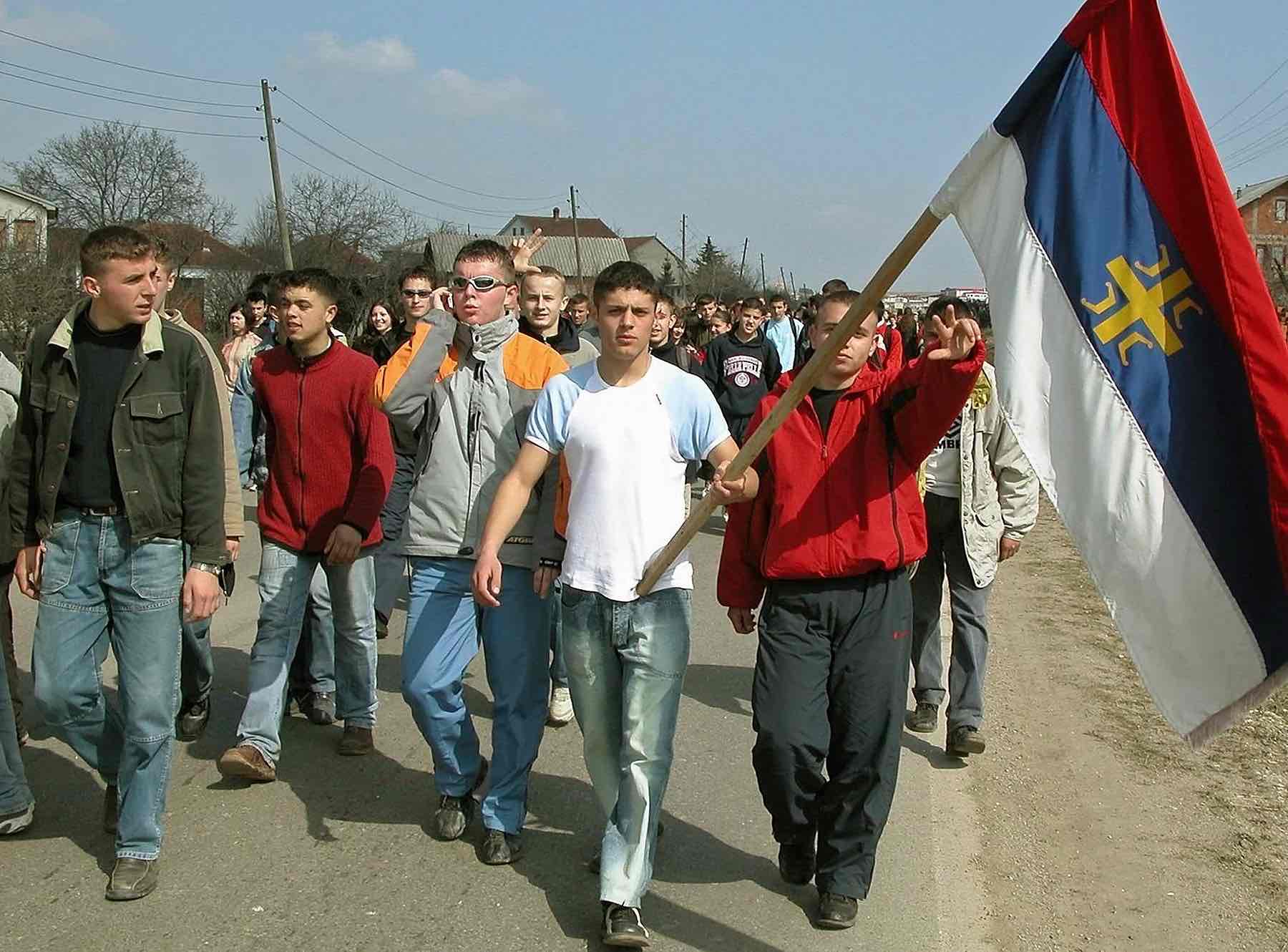 Serbian students of a secondary school in central Kosovo protest on the regional highway Pristina-Skopje