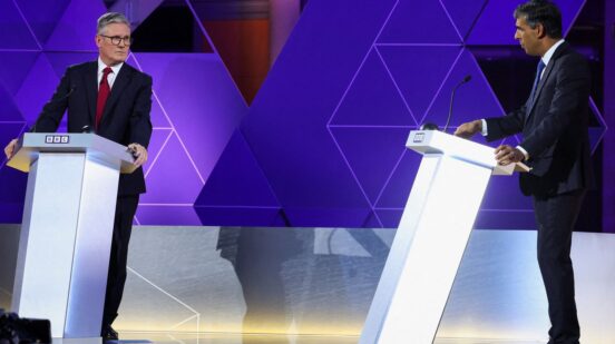 Britain's Prime Minister and Conservative Party leader Rishi Sunak, and Labour Party leader Keir Starmer