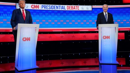 President Joe Biden and former President Donald Trump, left, during the debate at CNN's studios in Atlanta on Jun 27, 2024. CNN Anchors Jake Tapper and Dana Bash are moderators of the debate.,Image: 1001512061, License: Rights-managed, Restrictions: *** Worldwide Rights Except China, Finland, Germany, Hong Kong, Macau, and Taiwan *** No sales outside your territory. No 3rd parties. No redistribution ***, Model Release: no, Credit line: USA TODAY / ddp USA / Profimedia