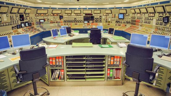shows the monitoring room of Slovenia's only nuclear power plant in town of Krsko