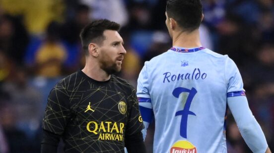 Paris Saint-Germain's Argentine forward Lionel Messi (L) walks past Riyadh All-Star's Portuguese forward Cristiano Ronaldo (R) during the Riyadh Season Cup football match between the Riyadh All-Stars and Paris Saint-Germain at the King Fahd Stadium in Riyadh on January 19, 2023.,Image: 750607524, License: Rights-managed, Restrictions: , Model Release: no , Credit line: FRANCK FIFE / AFP / Profimedia