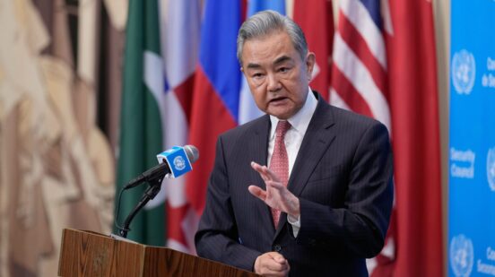 FILE - Chinese Foreign Minister Wang Yi speaks to reporters at United Nations headquarters, on May 26, 2026. (AP Photo/Seth Wenig, File)