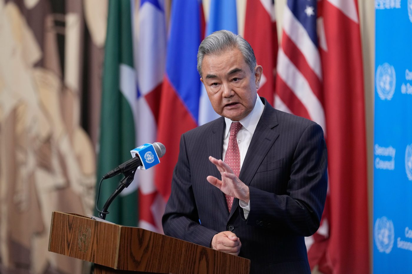 FILE - Chinese Foreign Minister Wang Yi speaks to reporters at United Nations headquarters, on May 26, 2026. (AP Photo/Seth Wenig, File)
