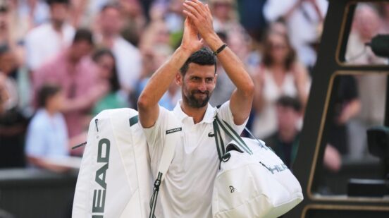 Novak Djokovic of Serbia leaves after losing to Jannik Sinner of Italy in their men's singles semifinal match at the Wimbledon Tennis Championships in London, Friday, July 10, 2026. (AP Photo/Kin Cheung)