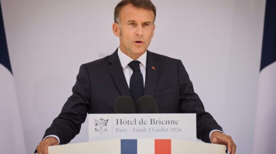 French President Emmanuel Macron delivers his traditional address to the armed forces on the eve of the Bastille Day parade at the Ministry of Defense in Paris, Monday, July 13, 2026. (AP Photo/Thomas Padilla, Pool)