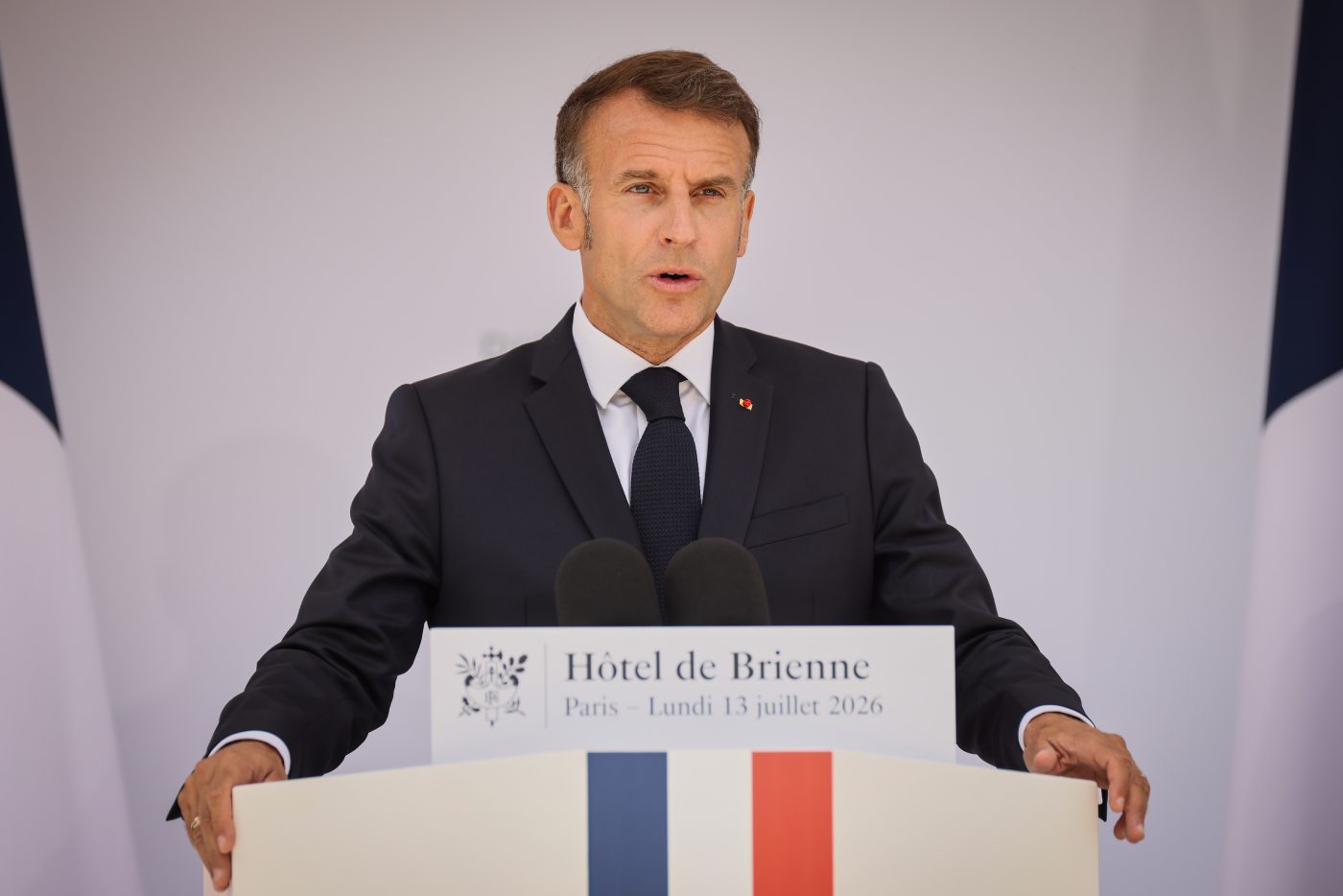 French President Emmanuel Macron delivers his traditional address to the armed forces on the eve of the Bastille Day parade at the Ministry of Defense in Paris, Monday, July 13, 2026. (AP Photo/Thomas Padilla, Pool)