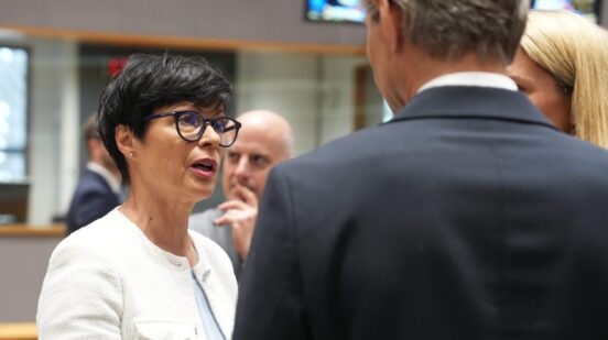European Commissioner for Enlargement Marta Kos, left, speaks with Lithuania's Foreign Minister Kestutis Budrys, center, and European Union foreign policy chief Kaja Kallas, right, during a round table meeting of EU foreign ministers in Brussels, Monday, July 13, 2026. (AP Photo/Marius Burgelman)