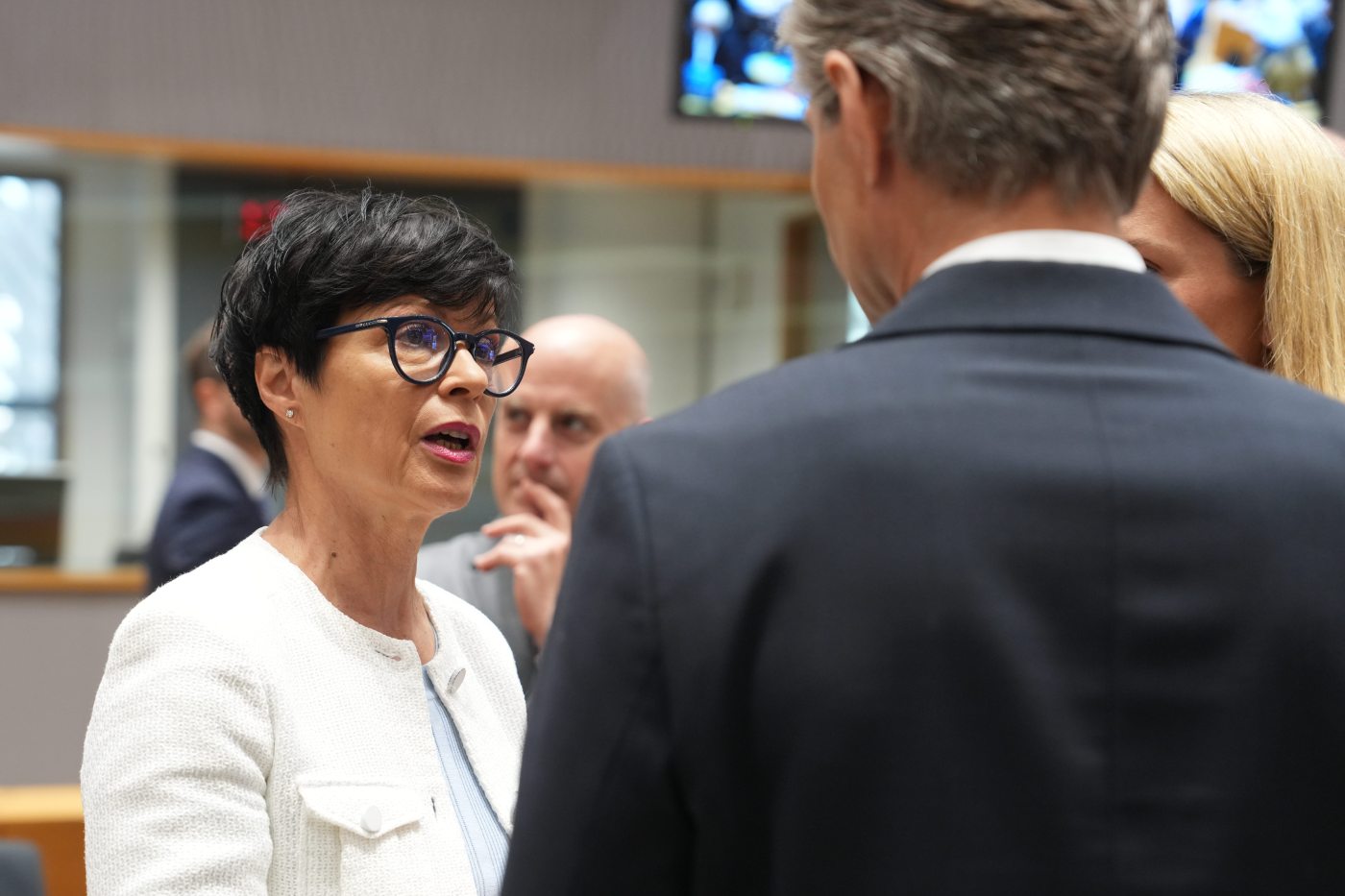 European Commissioner for Enlargement Marta Kos, left, speaks with Lithuania's Foreign Minister Kestutis Budrys, center, and European Union foreign policy chief Kaja Kallas, right, during a round table meeting of EU foreign ministers in Brussels, Monday, July 13, 2026. (AP Photo/Marius Burgelman)