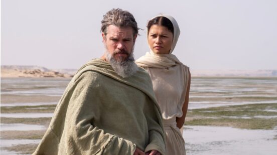 L to R: Matt Damon is Odysseus and Zendaya is Athena in THE ODYSSEY, written, produced, and directed by Christopher Nolan.