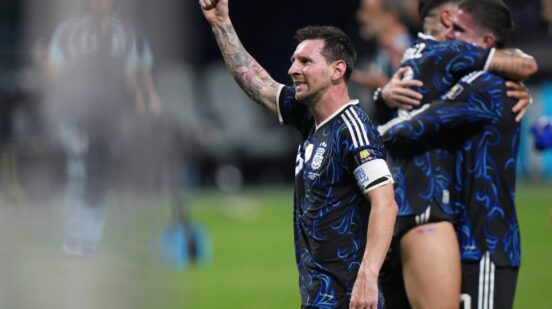 Argentina's Lionel Messi (10) reacts after their win in the World Cup semifinal soccer match between England and Argentina in Atlanta, Wednesday, July 15, 2026. (AP Photo/Jacob Kupferman)