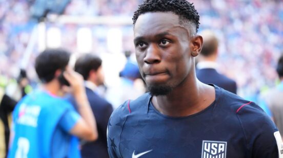 United States' Folarin Balogun (20) walks off the pitch after losing to Belgium in their World Cup round of 16 soccer match in Seattle, Monday, July 6, 2026. (AP Photo/Ted S. Warren)