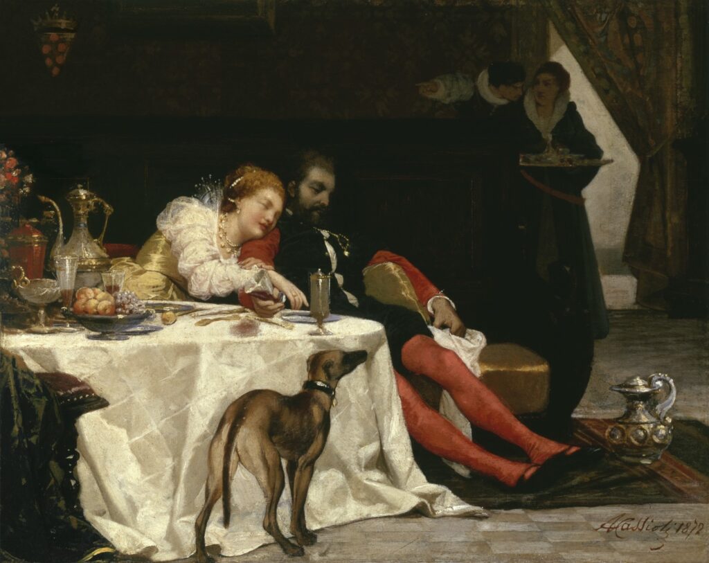 Francesco I de' Medici, Grand Duke of Tuscany (1574–87). Florence (Italy) 25.3.1541 – ibid. 17. (other sources: 19/20.).10.1587. "La morte di Bianca Capello" (The Death of Bianca Cappello). (The death of Francesco I de' Medici and his 2nd wife Bianca Cappello (Venice (Italy) 1548 – Florence 17. (other sources: 19./20.10.1587); allegedly both were poisoned on behalf of Francesco's brother, cardinal Ferdinando I de' Medici; since 2010 malaria, occasionally treated with arsenic, is considered to have been the cause of their death). Painting, 1872, by Amos Cassioli (1832–1891). Oil on wood, 26 × 33cm.,Image: 278005652, License: Rights-managed, Restrictions: Additional permissions needed for non-editorial use, Model Release: no , Credit line: © Sotheby's / akg-images / Profimedia