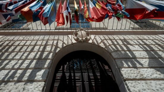 Flags of 57 member states of the Organization for Security and Co-operation in Europe (OSCE) are seen above its entrance located at the Imperial Hofburg palace in Vienna Austria, on May 19, 2026.,Image: 1100604650, License: Rights-managed, Restrictions: , Model Release: no , Credit line: Joe Klamar / AFP / Profimedia