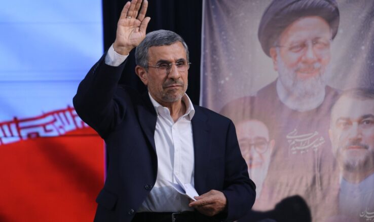 Former Iranian president Mahmoud Ahmadinejad leaves a press conference after registering his candidacy for Iran's upcoming presidential election in Tehran on June 2, 2024. The hardline former president, 67, held the post for two consecutive terms from 2005 to 2013, with his tenure marked by incendiary remarks on Israel and standoffs with the West, especially over Iran's nuclear program. Like all presidential hopefuls, his bid is pending the approval of the Guardian Council, a conservative-dominated 12-strong body of jurists that vets all candidates for public office.//MIDDLEEASTIMAGES_MEI-IRN-RF-FIPMA-20240602-066/Credit:Rouzbeh Fouladi/MEI/SIPA/2605210114,Image: 1102053448, License: Rights-managed, Restrictions: , Model Release: no , Credit line: Rouzbeh Fouladi/MEI / Sipa Press / Profimedia