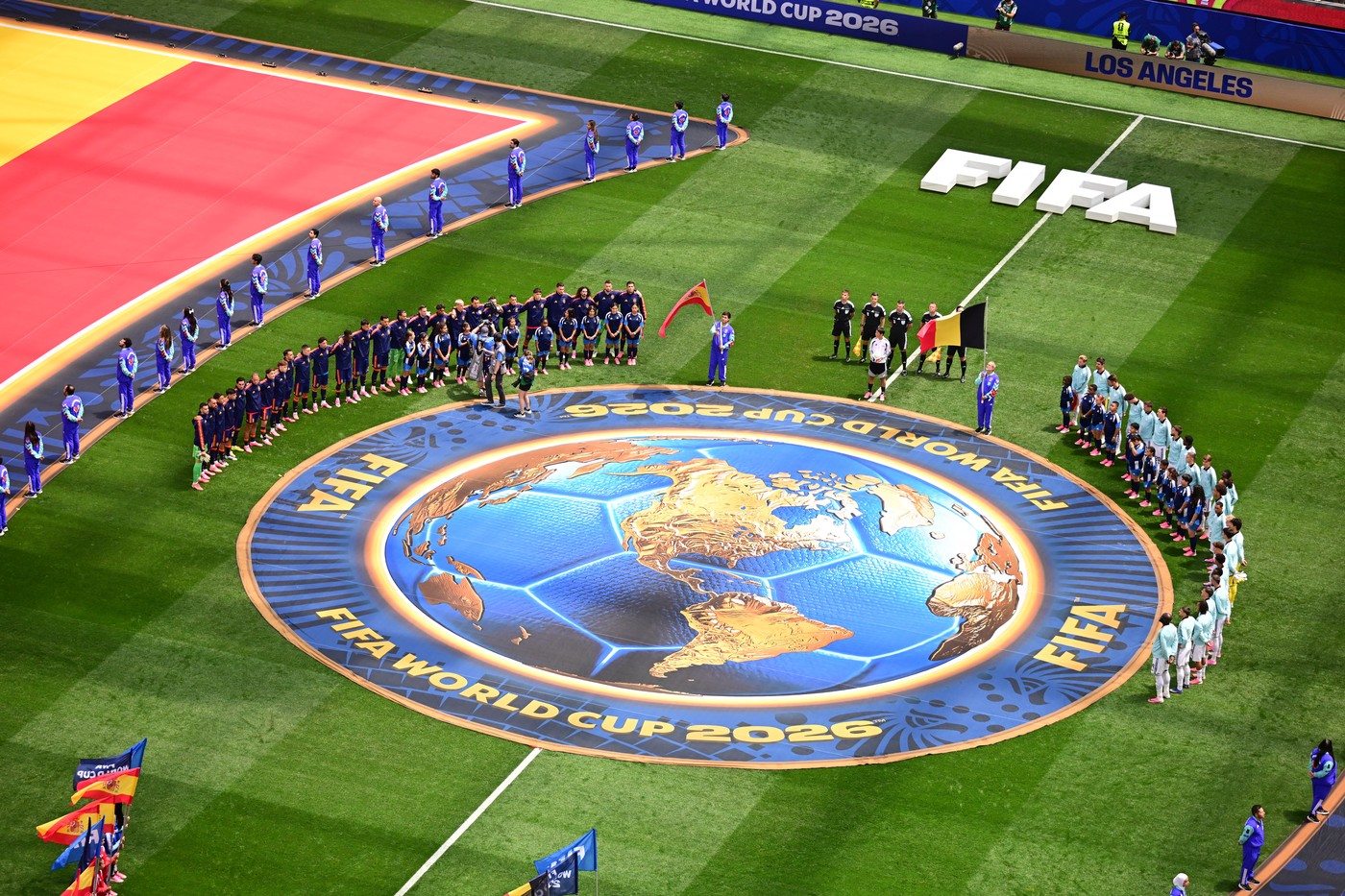 INGLEWOOD, CALIFORNIA - JULY 10: General view of the opening ceremony ahead of the 2026 FIFA World Cup Quarter Final match between Spain and Belgium at the Los Angeles Stadium (SoFi Stadium) in Inglewood, California, United States on July 10, 2026. Abdulhamid Hosbas / Anadolu/ABACAPRESS.COM